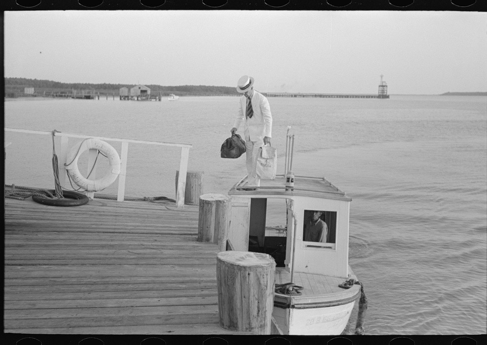 A boat moored at the dock in Pilottown, Louisiana, 1938